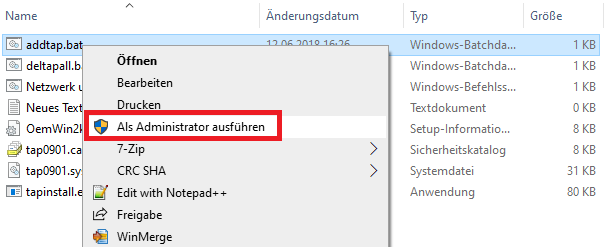 addtap.bat als Administrator ausführen tap1