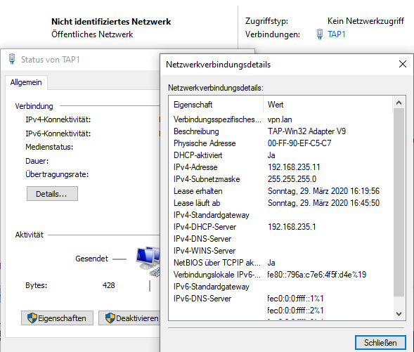 TAP Adapter hat Verbindung tinc3